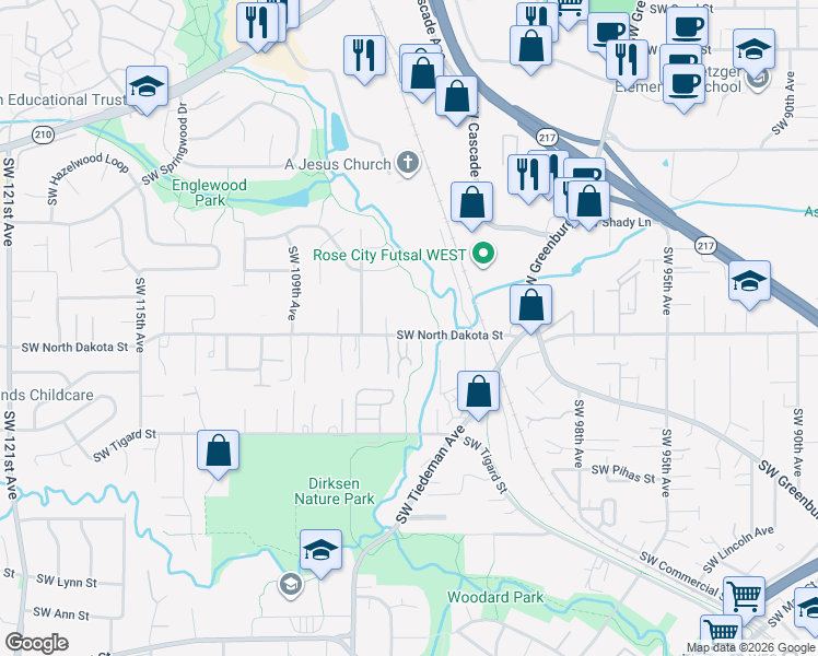map of restaurants, bars, coffee shops, grocery stores, and more near 10399 Southwest North Dakota Street in Portland