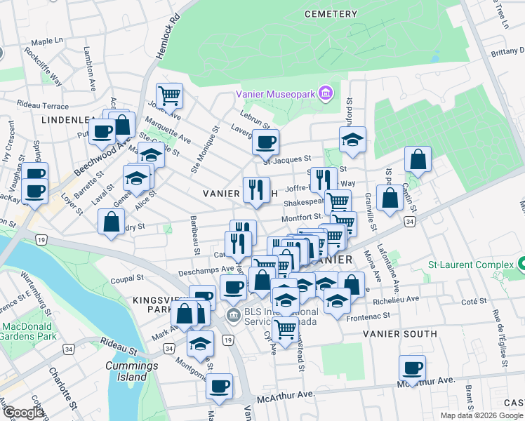 map of restaurants, bars, coffee shops, grocery stores, and more near in Ottawa