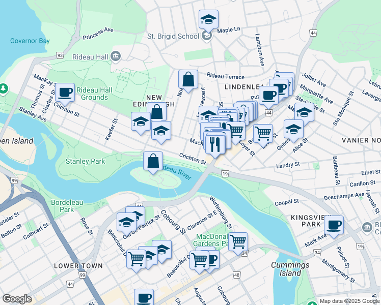 map of restaurants, bars, coffee shops, grocery stores, and more near in Ottawa