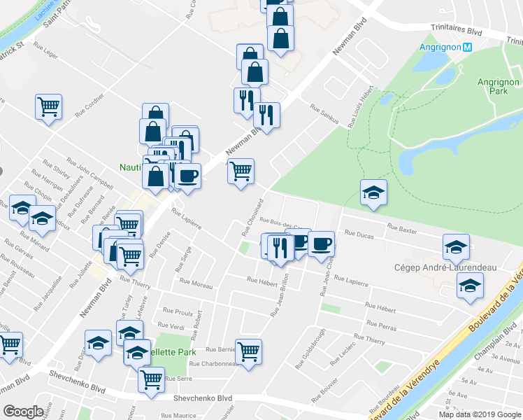 map of restaurants, bars, coffee shops, grocery stores, and more near 7382 Rue Chouinard in Montréal