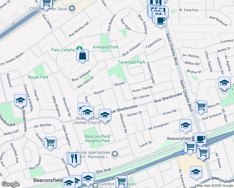 map of restaurants, bars, coffee shops, grocery stores, and more near 241 Allancroft Road in Beaconsfield