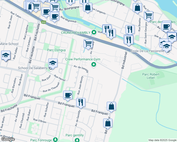 map of restaurants, bars, coffee shops, grocery stores, and more near 1483 Avenue de Gentilly in Chambly