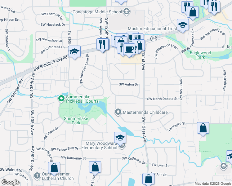 map of restaurants, bars, coffee shops, grocery stores, and more near 11185 Southwest 125th Place in Tigard