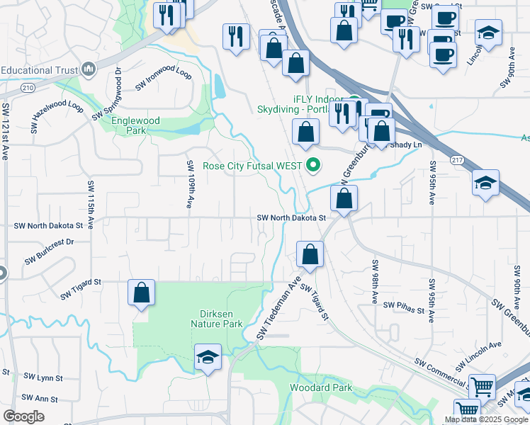 map of restaurants, bars, coffee shops, grocery stores, and more near 10339 Southwest North Dakota Street in Tigard