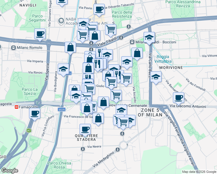 map of restaurants, bars, coffee shops, grocery stores, and more near 27 Via Giulio Carcano in Milano