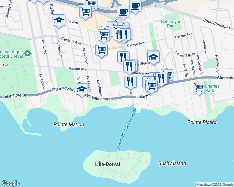 map of restaurants, bars, coffee shops, grocery stores, and more near 853 Chemin du Bord-du-Lac-Lakeshore in Dorval