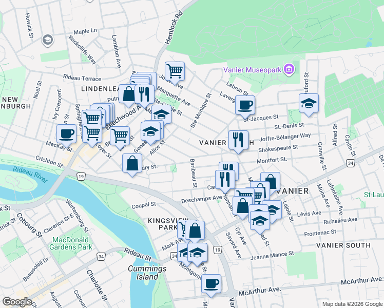 map of restaurants, bars, coffee shops, grocery stores, and more near 131 Dagmar Avenue in Ottawa