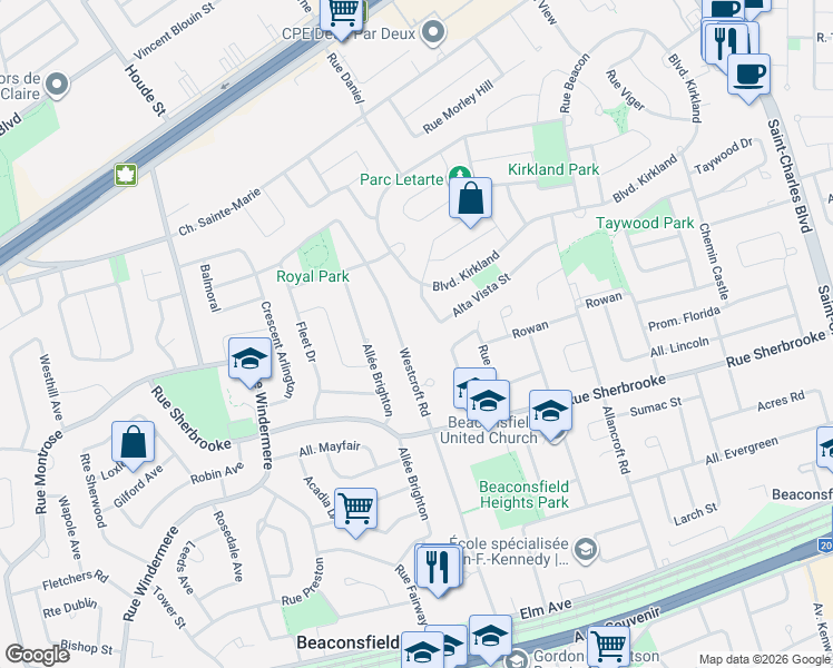 map of restaurants, bars, coffee shops, grocery stores, and more near 285 Route Westcroft in Beaconsfield