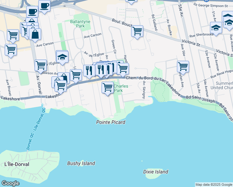 map of restaurants, bars, coffee shops, grocery stores, and more near 88 Avenue Saint-Charles in Dorval