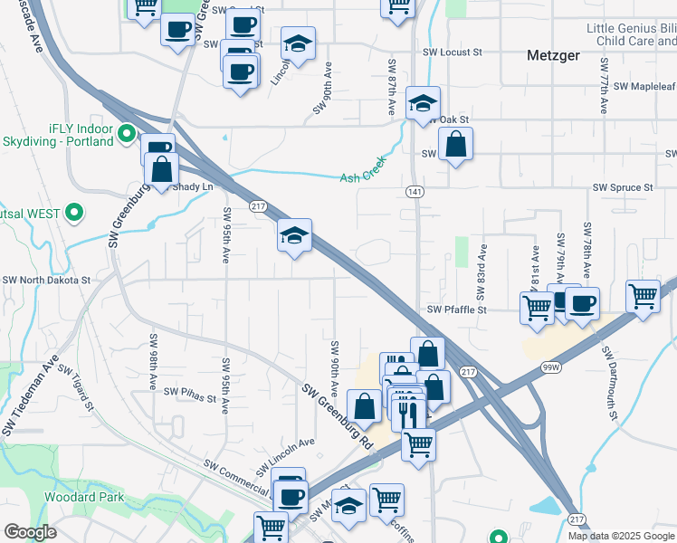 map of restaurants, bars, coffee shops, grocery stores, and more near 8995 Southwest North Dakota Street in Tigard