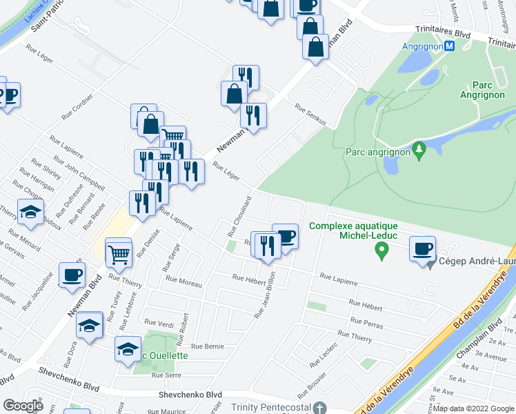 map of restaurants, bars, coffee shops, grocery stores, and more near 7382 Rue Chouinard in Montréal