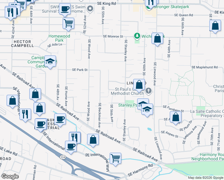 map of restaurants, bars, coffee shops, grocery stores, and more near 5633 SE Lloyd St in Milwaukie