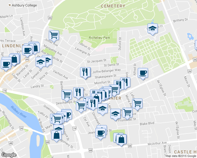 map of restaurants, bars, coffee shops, grocery stores, and more near in Ottawa