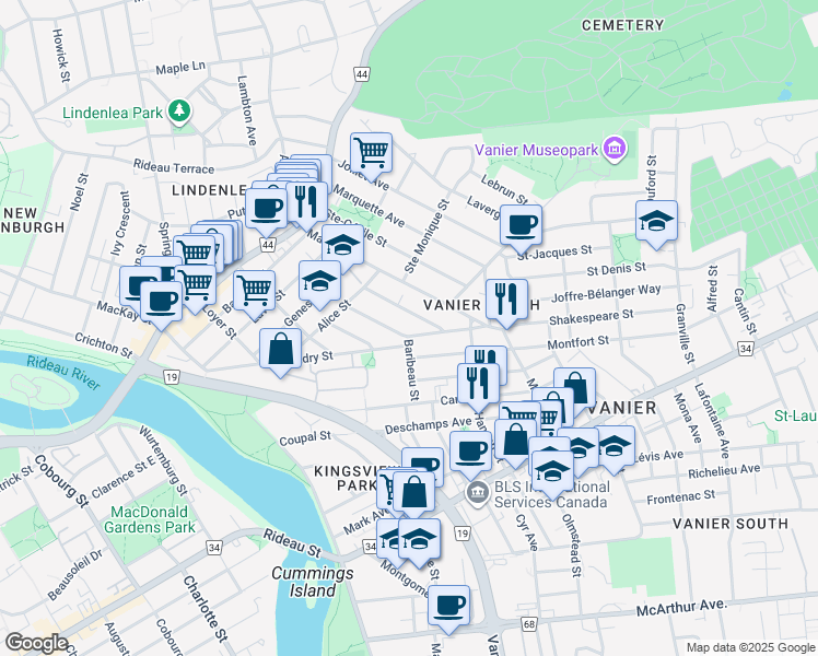 map of restaurants, bars, coffee shops, grocery stores, and more near 118 Vachon Avenue in Ottawa
