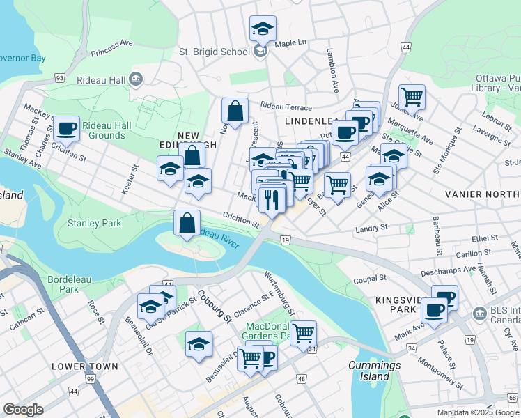 map of restaurants, bars, coffee shops, grocery stores, and more near in Ottawa