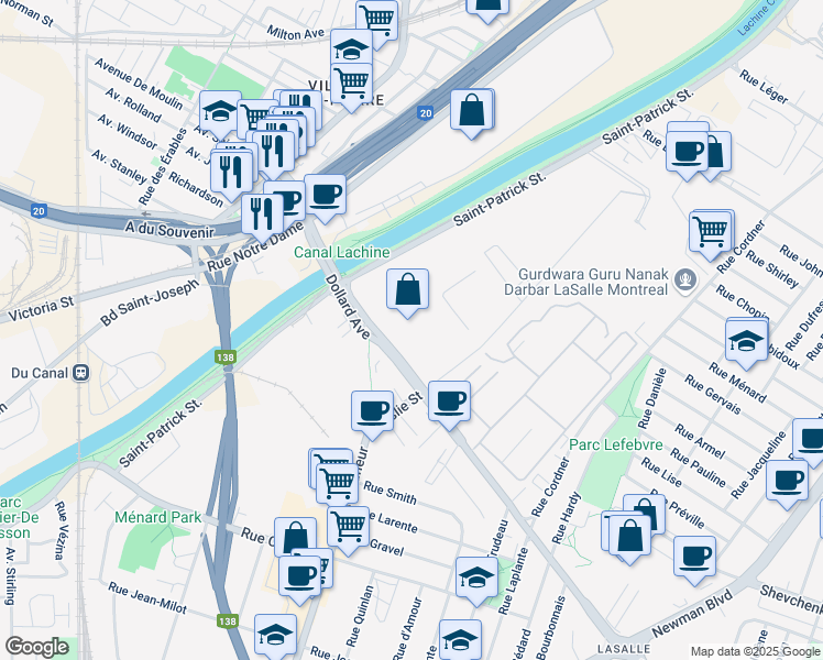 map of restaurants, bars, coffee shops, grocery stores, and more near in Montreal