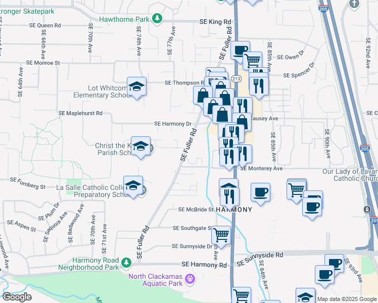 map of restaurants, bars, coffee shops, grocery stores, and more near 11506 Southeast Fuller Road in Portland