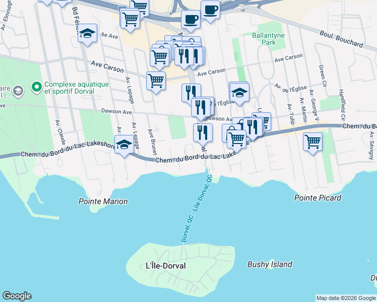 map of restaurants, bars, coffee shops, grocery stores, and more near 839 Chemin du Bord-du-Lac-Lakeshore in Dorval