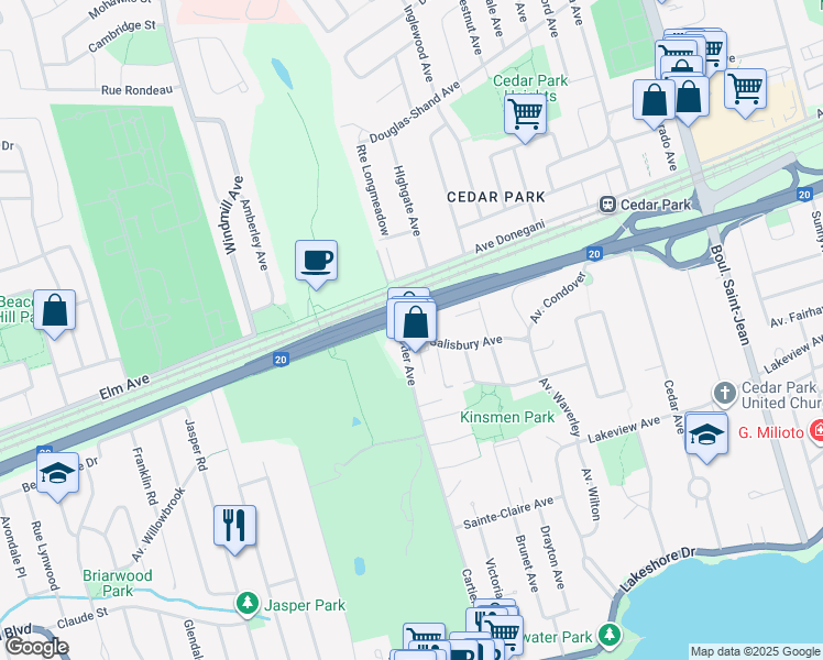 map of restaurants, bars, coffee shops, grocery stores, and more near in Pointe-Claire