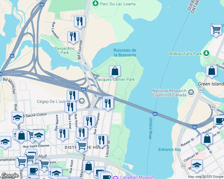map of restaurants, bars, coffee shops, grocery stores, and more near 273 Rue Laurier in Gatineau
