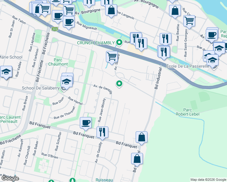 map of restaurants, bars, coffee shops, grocery stores, and more near 1483 Avenue de Gentilly in Chambly