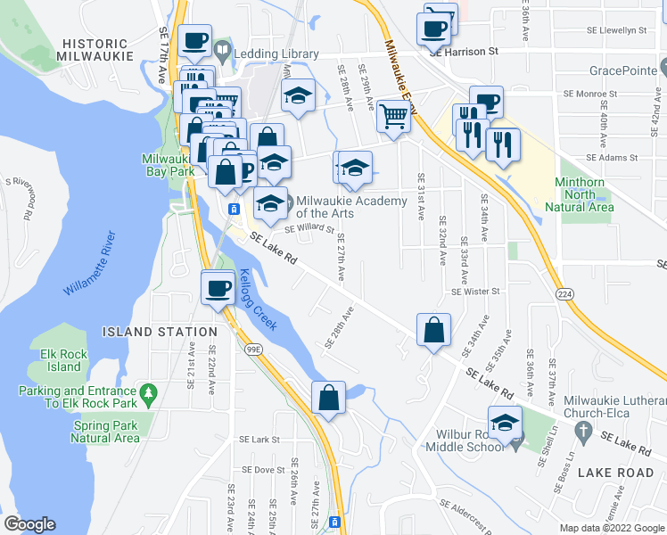 map of restaurants, bars, coffee shops, grocery stores, and more near 11593 Southeast 27th Avenue in Milwaukie