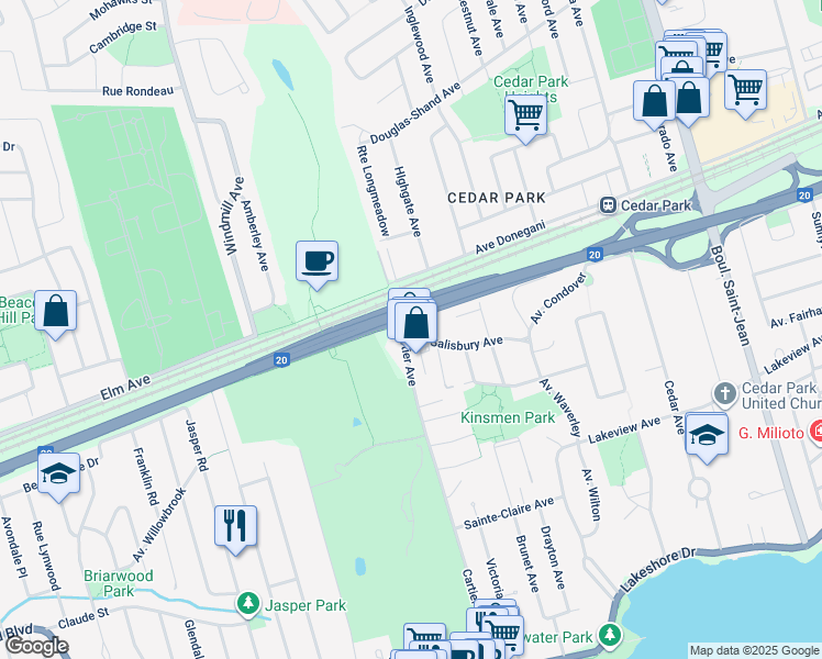 map of restaurants, bars, coffee shops, grocery stores, and more near in Pointe-Claire