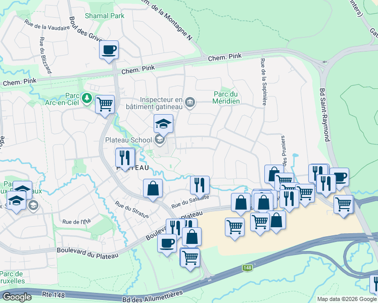 map of restaurants, bars, coffee shops, grocery stores, and more near 17 Rue de la Gravité in Gatineau
