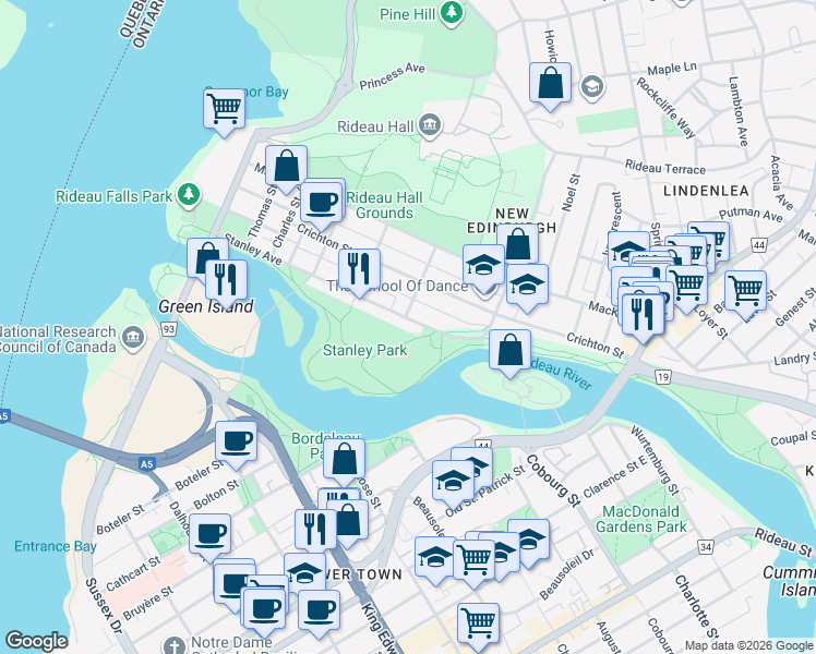 map of restaurants, bars, coffee shops, grocery stores, and more near 189 Stanley Avenue in Ottawa