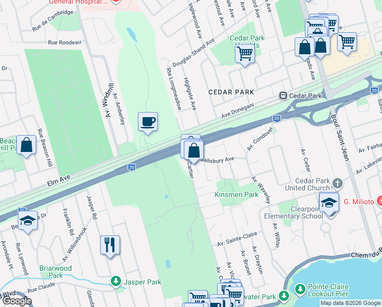 map of restaurants, bars, coffee shops, grocery stores, and more near 201 Avenue Cartier in Pointe-Claire
