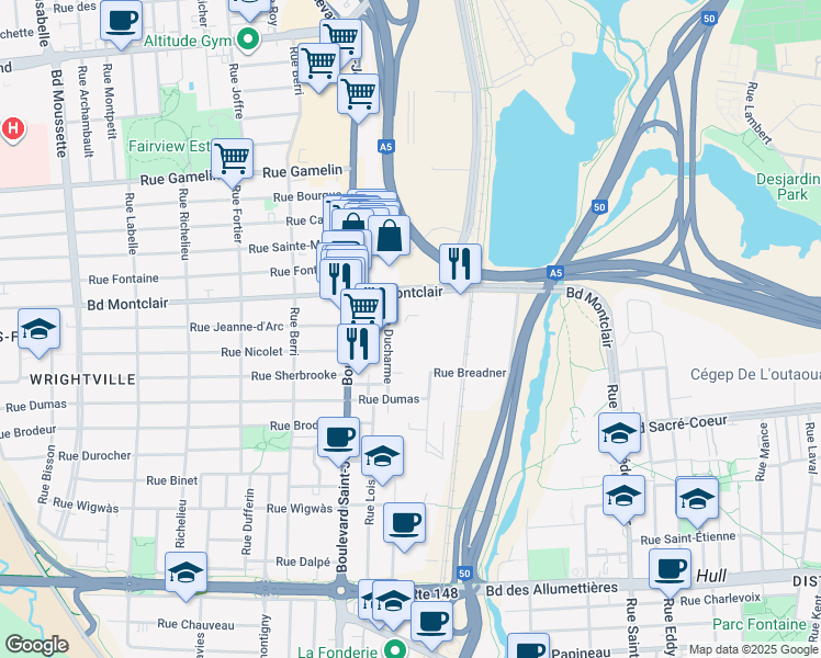 map of restaurants, bars, coffee shops, grocery stores, and more near 30 Rue Ducharme in Gatineau