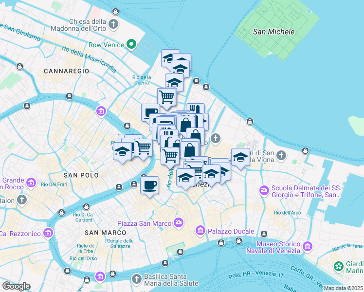 map of restaurants, bars, coffee shops, grocery stores, and more near 6015 Calle Maggioni in Venezia