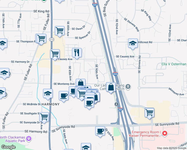 map of restaurants, bars, coffee shops, grocery stores, and more near 8800 Southeast Causey Loop in Happy Valley