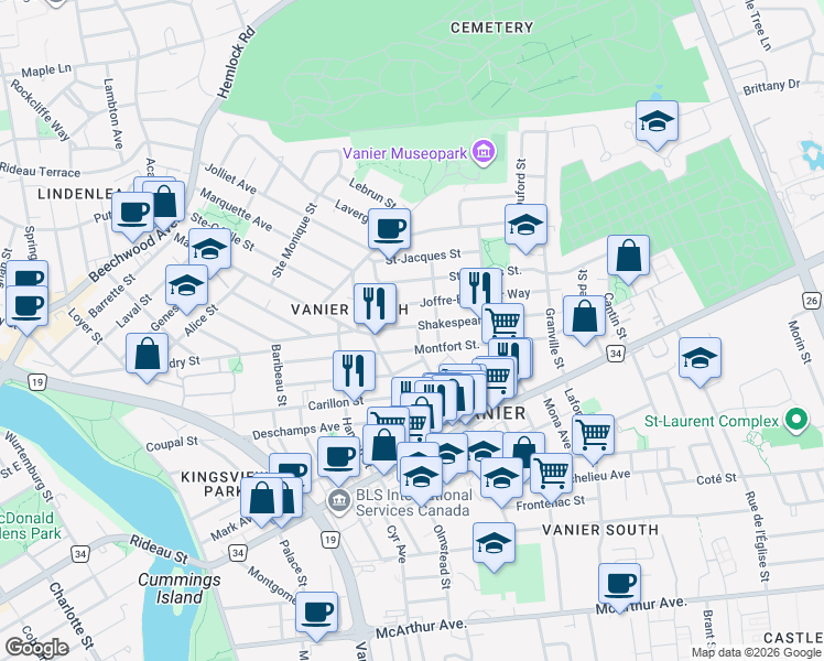 map of restaurants, bars, coffee shops, grocery stores, and more near 270 Shakespeare Street in Ottawa