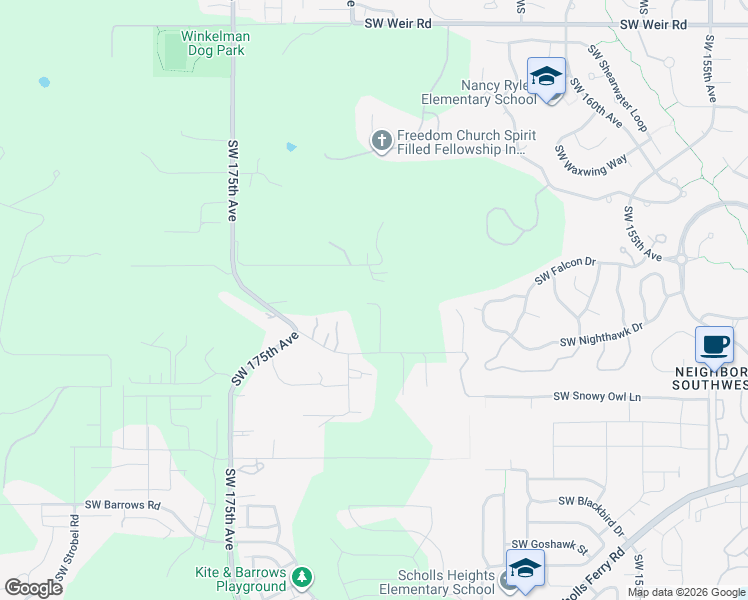 map of restaurants, bars, coffee shops, grocery stores, and more near 17007 Southwest High Hill Lane in Beaverton
