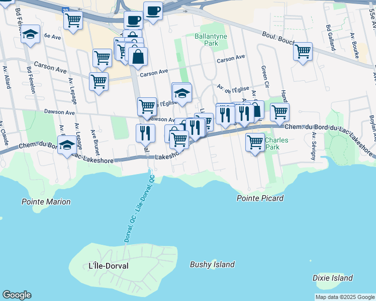 map of restaurants, bars, coffee shops, grocery stores, and more near 680 Chemin du Bord-du-Lac-Lakeshore in Dorval