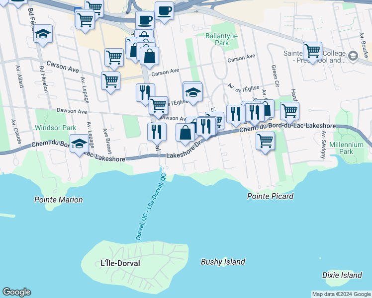 map of restaurants, bars, coffee shops, grocery stores, and more near 719 Chemin du Bord-du-Lac-Lakeshore in Dorval