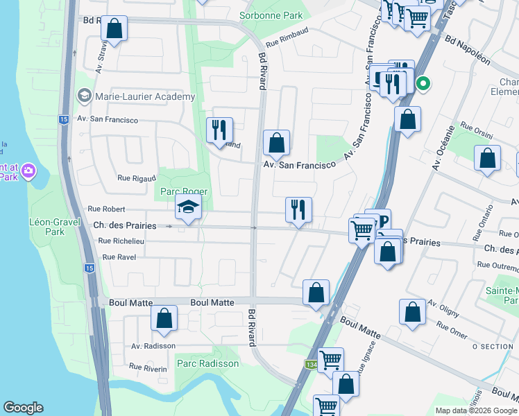 map of restaurants, bars, coffee shops, grocery stores, and more near 1520 Rue Robert in Brossard