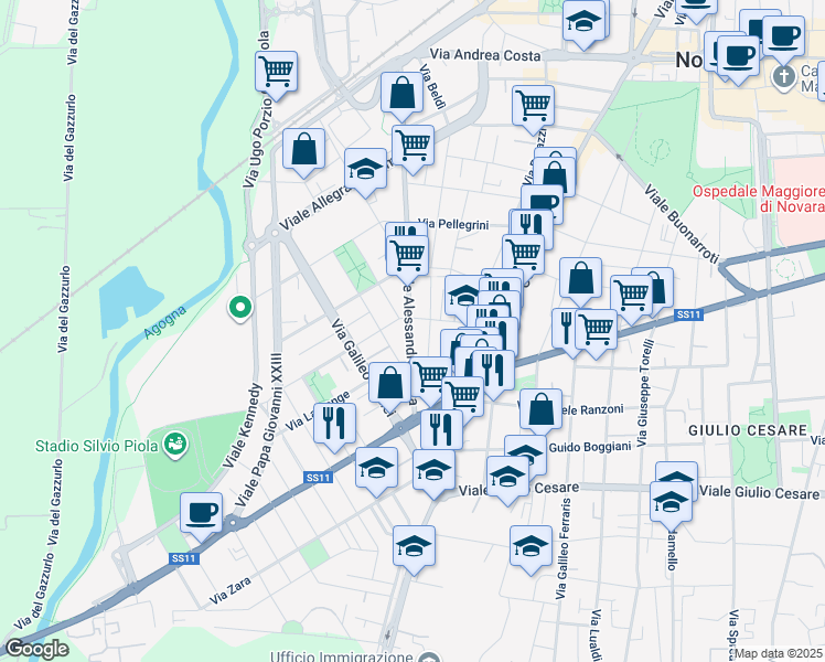 map of restaurants, bars, coffee shops, grocery stores, and more near 30 Viale Alessandro Volta in Novara