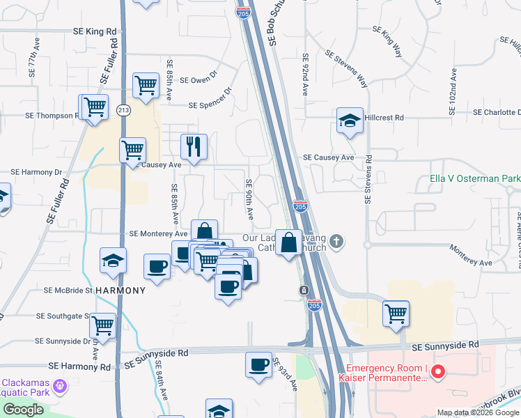 map of restaurants, bars, coffee shops, grocery stores, and more near 11462 Southeast 90th Avenue in Happy Valley