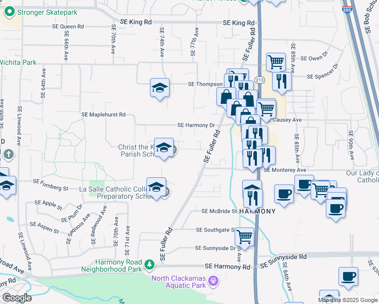map of restaurants, bars, coffee shops, grocery stores, and more near 7688 Southeast Michael Drive in Portland