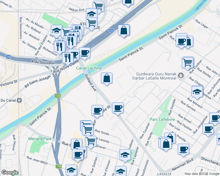map of restaurants, bars, coffee shops, grocery stores, and more near 2707 Avenue Dollard in Montréal