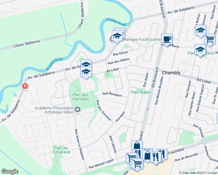map of restaurants, bars, coffee shops, grocery stores, and more near 1620-1632 Rue Bruyère in Chambly