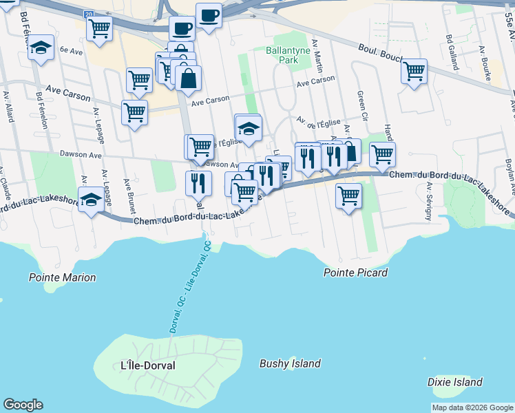 map of restaurants, bars, coffee shops, grocery stores, and more near 680 Chemin du Bord-du-Lac-Lakeshore in Dorval