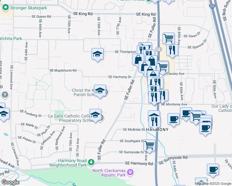 map of restaurants, bars, coffee shops, grocery stores, and more near 7688 Southeast Michael Drive in Portland