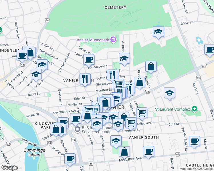 map of restaurants, bars, coffee shops, grocery stores, and more near in Ottawa
