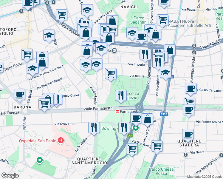 map of restaurants, bars, coffee shops, grocery stores, and more near 31 Via Moncucco in Milano