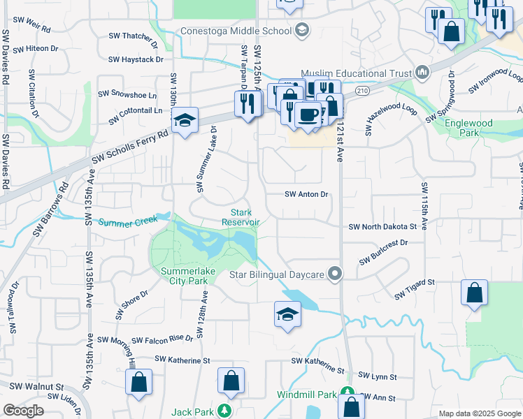 map of restaurants, bars, coffee shops, grocery stores, and more near 12430 Southwest North Dakota Street in Tigard