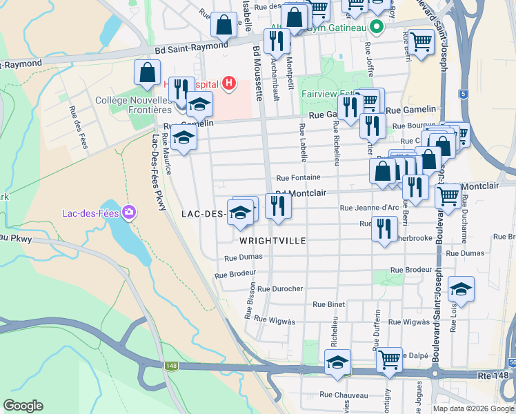 map of restaurants, bars, coffee shops, grocery stores, and more near 172 Rue Bisson in Gatineau