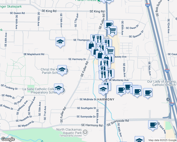 map of restaurants, bars, coffee shops, grocery stores, and more near 11424 Southeast Fuller Road in Milwaukie